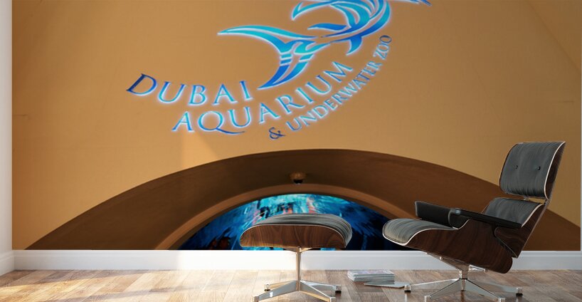 Entrance to Dubai Aquarium Underwater Zoo with glowing shark sig Wall Murals