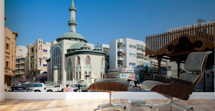Middle Eastern street scene with mosque and market in Dubai UAE Wall Murals