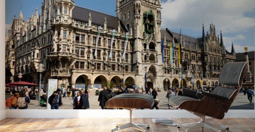 Visitors exploring Marienplatz near Munich Town Hall in Bavaria Wall Murals