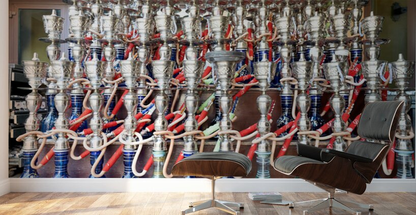 Display of hookahs for sale in Dubai cafe with many options Wall Murals