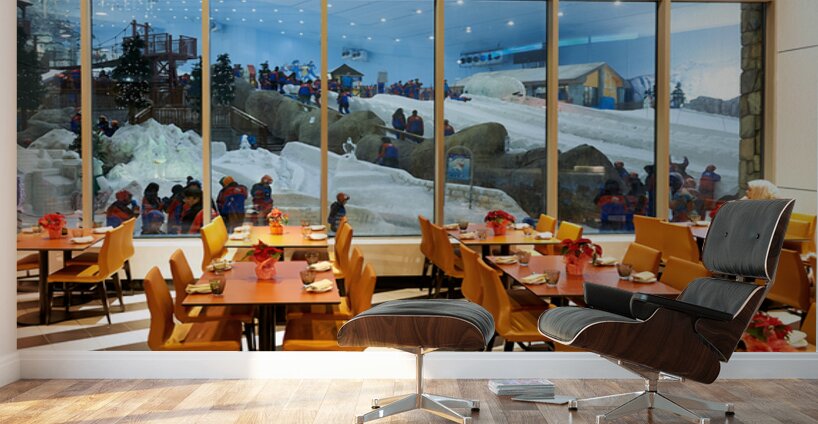 Restaurant offers view of snow activities at indoor park in Duba Wall Murals