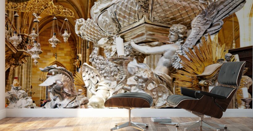 Ornate silver religious monument inside a grand cathedral. Wall Murals