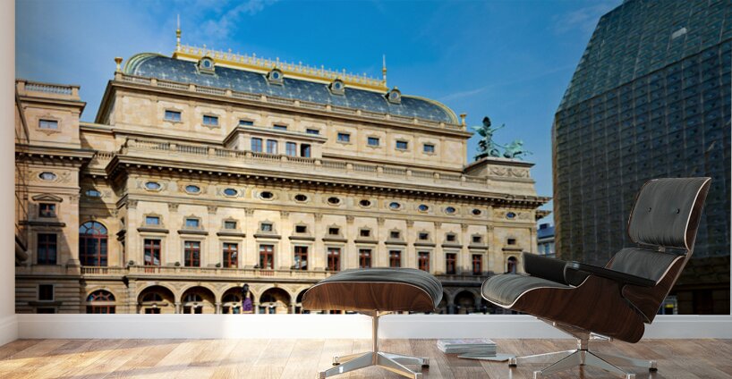 Pragues National Theatre and modern architecture contrast under Wall Murals