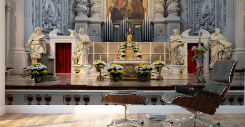 Interior view of Theatinerkirche in Munich with altar and sculpt Wall Murals