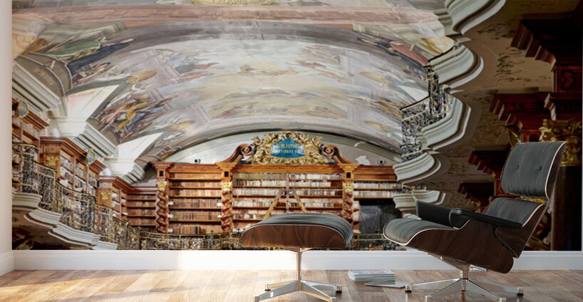 Grand baroque library with painted ceilings and countless books. Wall Murals