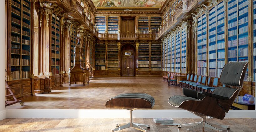 Magnificent baroque library filled with books and ceiling fresco Wall Murals