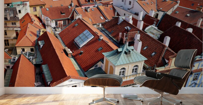 Aerial view of Pragues historic red roofed cityscape and bustli Wall Murals