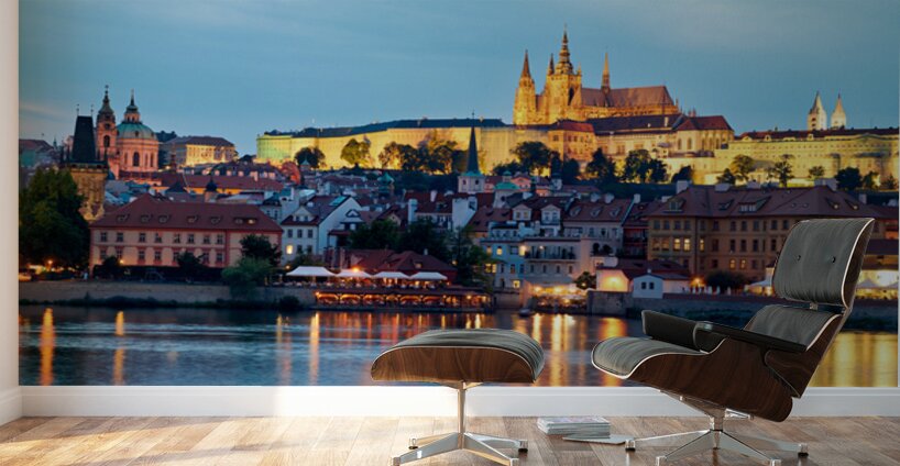Prague cityscape at night with castle and river reflections. Wall Murals