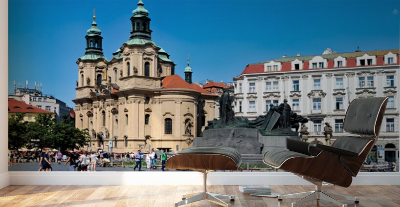 Pragues Old Town Square with St. Nicholas Church and Jan Hus Mo Wall Murals