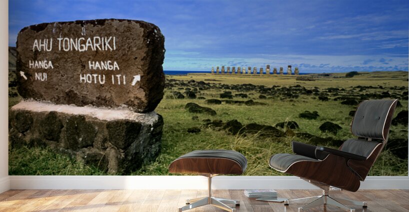 Easter Islands Ahu Tongariki Moai statues and directional sign. Wall Murals