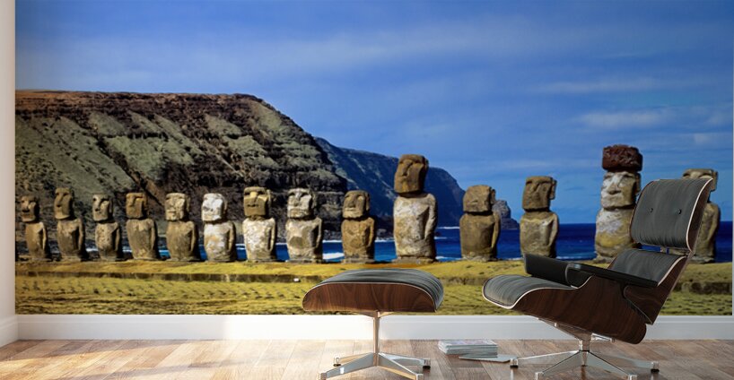 Easter Island Moai statues against ocean and cliffs. Wall Murals
