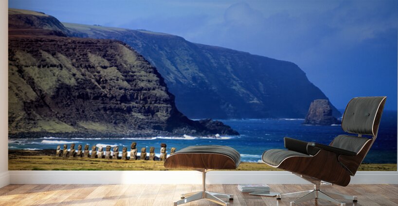 Moai statues on Easter Islands dramatic coastal landscape. Wall Murals