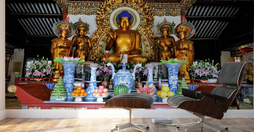Visitors observe golden statues in Shanghai Buddhist temple inte Wall Murals