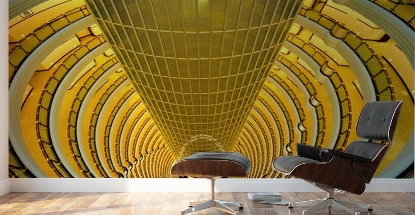 Golden hotel atrium with glass elevator in Shanghai China Wall Murals