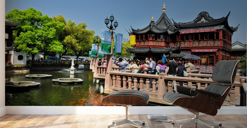 Vibrant Chinese garden with koi pond and visitors in Shanghai Wall Murals