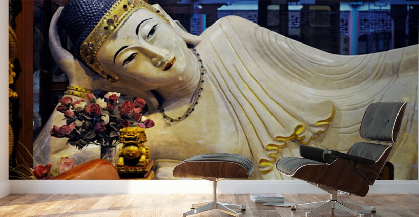 Reclining Buddha statue in Shanghai temple with flowers and gold Wall Murals