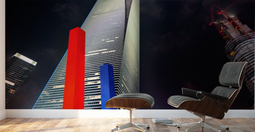 Luminous Shanghai skyscrapers and abstract sculpture at night Wall Murals