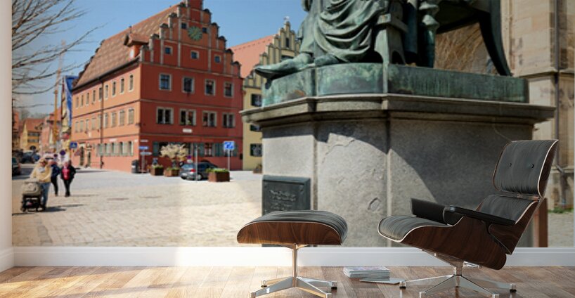Visitors explore Dinkelsbuhl old town and historical statue Wall Murals