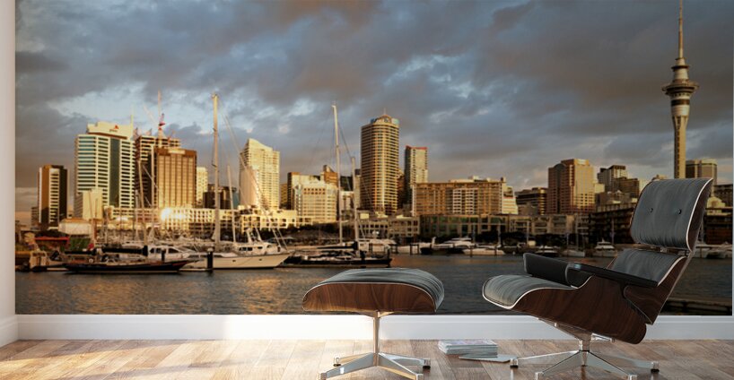 Auckland skyline at sunset from Viaduct Harbour Wall Murals