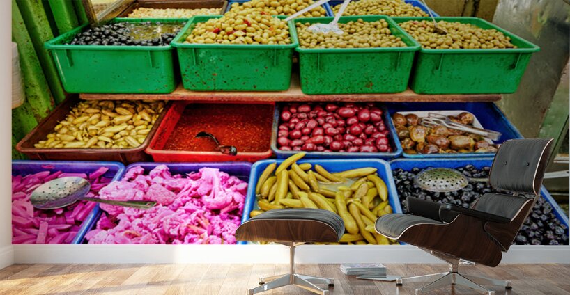 Pickles and olives for sale in market in old city of Jerusalem Wall Murals