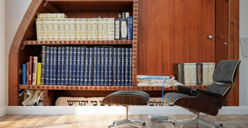 Bookshelf with religious texts in Sephardic synagogues in Jerusa Wall Murals