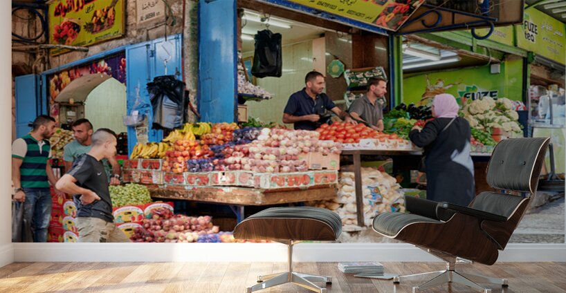Greengrocer stall in the old city of Jerusalem busy with shopper Wall Murals
