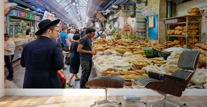 Visitors explore Mahane Yehuda Market in Jerusalem during daytim Wall Murals