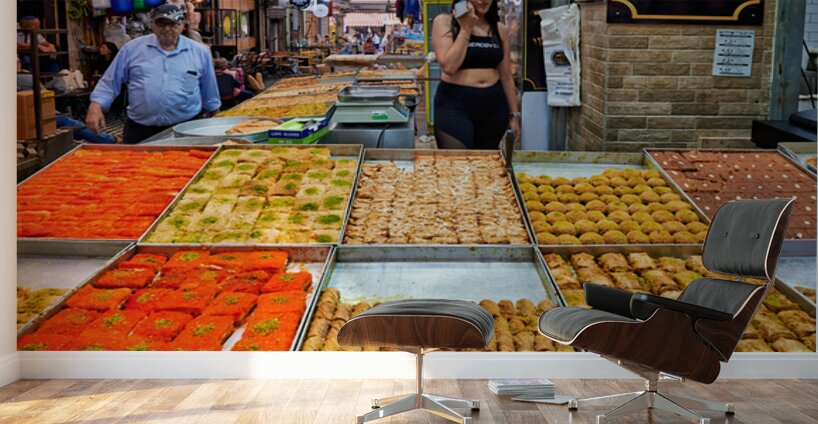 Visitors explore food stands at Mahane Yehuda Market in Jerusale Wall Murals