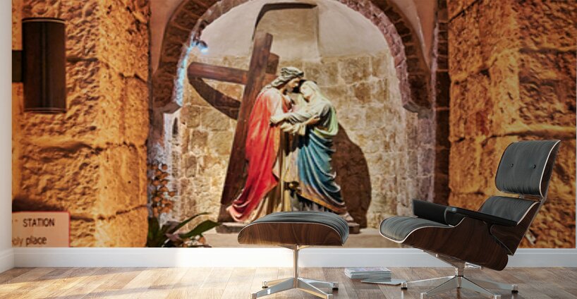 Statue of Mary and Jesus in a chapel with candles Wall Murals