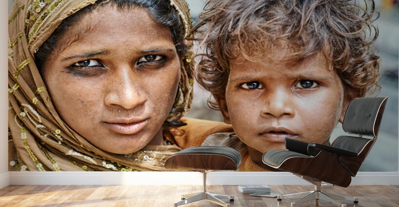 Mother and son standing together in Mandawa Rajasthan Wall Murals