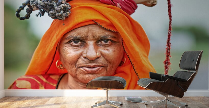 Portrait of an old woman in Rajasthan India wearing bright clot Wall Murals
