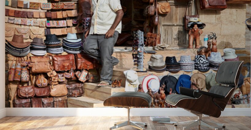 Selling leather bags in Jaisalmer from a shop Wall Murals