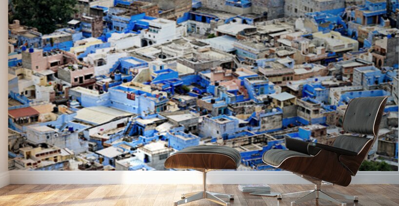 Cityscape of blue houses in Jodhpur Rajasthan during the aftern Wall Murals