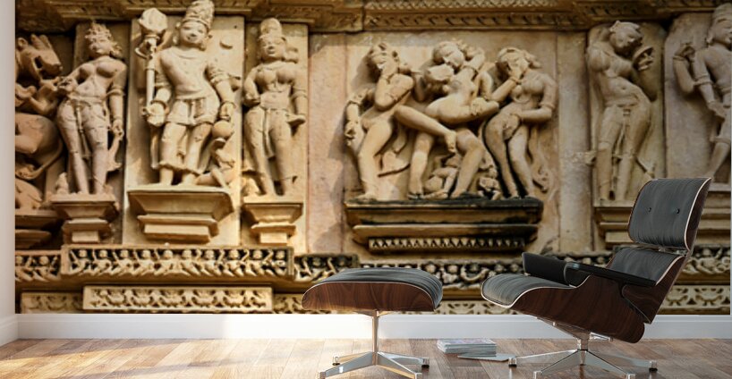Hindu temples in Khajuraho with erotic carvings and sculptures Wall Murals
