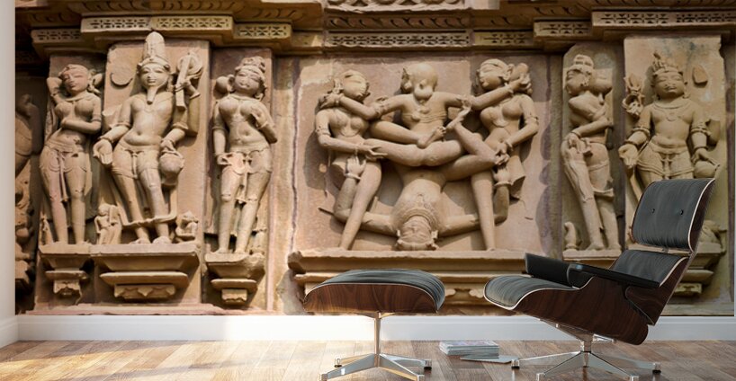 Hindu temples in Khajuraho display intricate erotic carvings Wall Murals