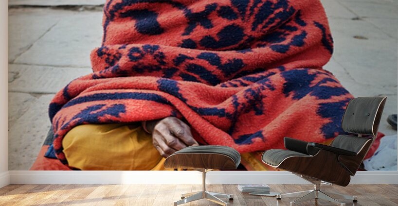Holy man sadhu sits with offerings in Varanasi Uttar Pradesh Wall Murals