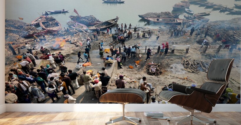 Cremation rites by the river Ganges in Varanasi India Wall Murals