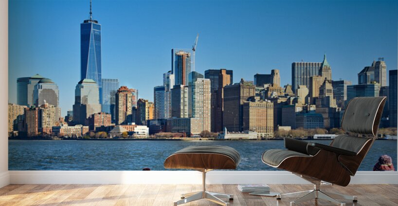 Tourists view Manhattan skyline from a boat on the water in New  Wall Murals