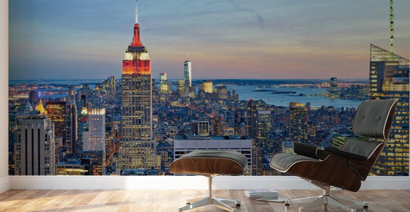 Manhattan aerial view showing Empire State Building at sunset Wall Murals