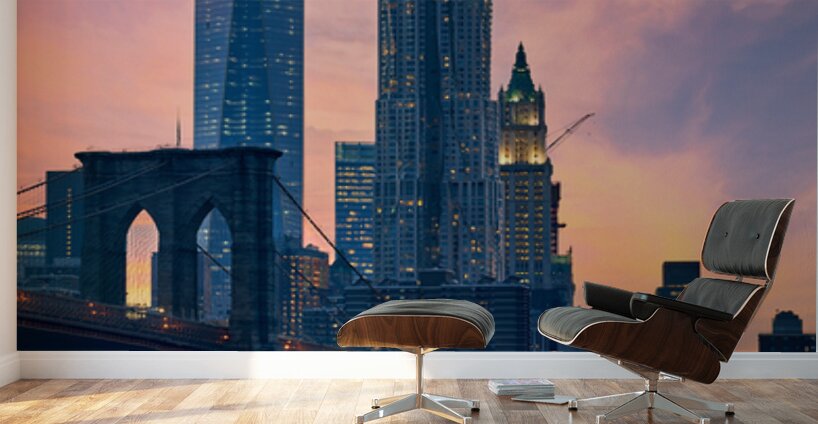 Brooklyn Bridge and Manhattan skyline during sunset in New York Wall Murals