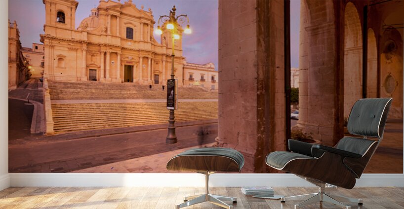 Noto Cathedral in Sicily glows at dusk with streetlights Wall Murals