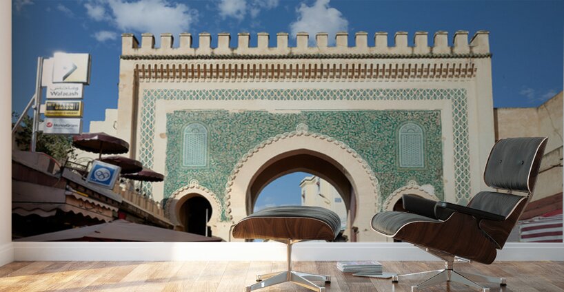 People walk through Bab Bou Jeloud a famous gate in Fez Morocc Wall Murals
