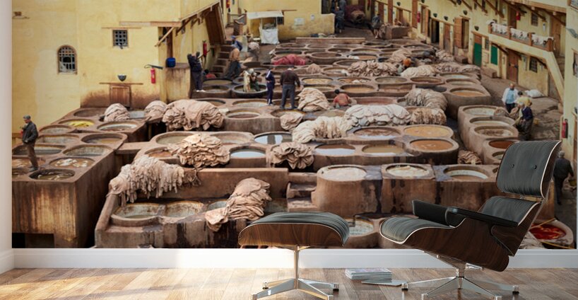 Chouara Tannery in Fez Morocco showing leather dyeing process Wall Murals