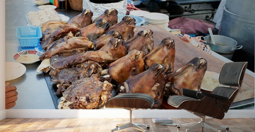 Goat heads ready to serve in Marrakeshs Djema el Fna Wall Murals