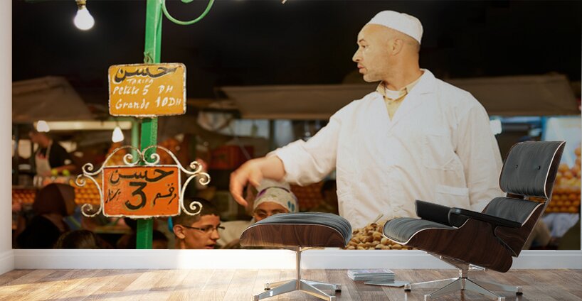 Snail dinner served at street vendors in Marrakech night market Wall Murals