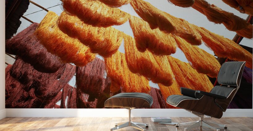 Colorful threads hanging in the dyers souk of Marrakesh Morocco Wall Murals