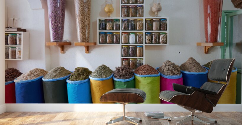 Herbal remedy shop in Marrakesh showing colorful bags of herbs Wall Murals