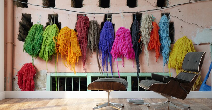 Hanging dyed threads in the dyers souk of Marrakesh Morocco Wall Murals
