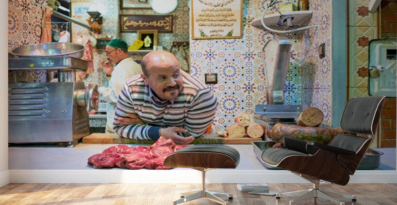 Meknes butcher in the souk selling fresh meat and sausages Wall Murals