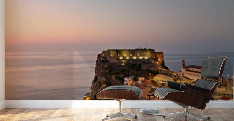Elevated view of Ruffo castle and Scilla at sunset in Calabria Wall Murals